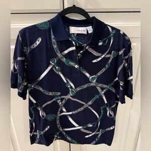 Vintage Women's Navy and Green Patterned Polo Shirt